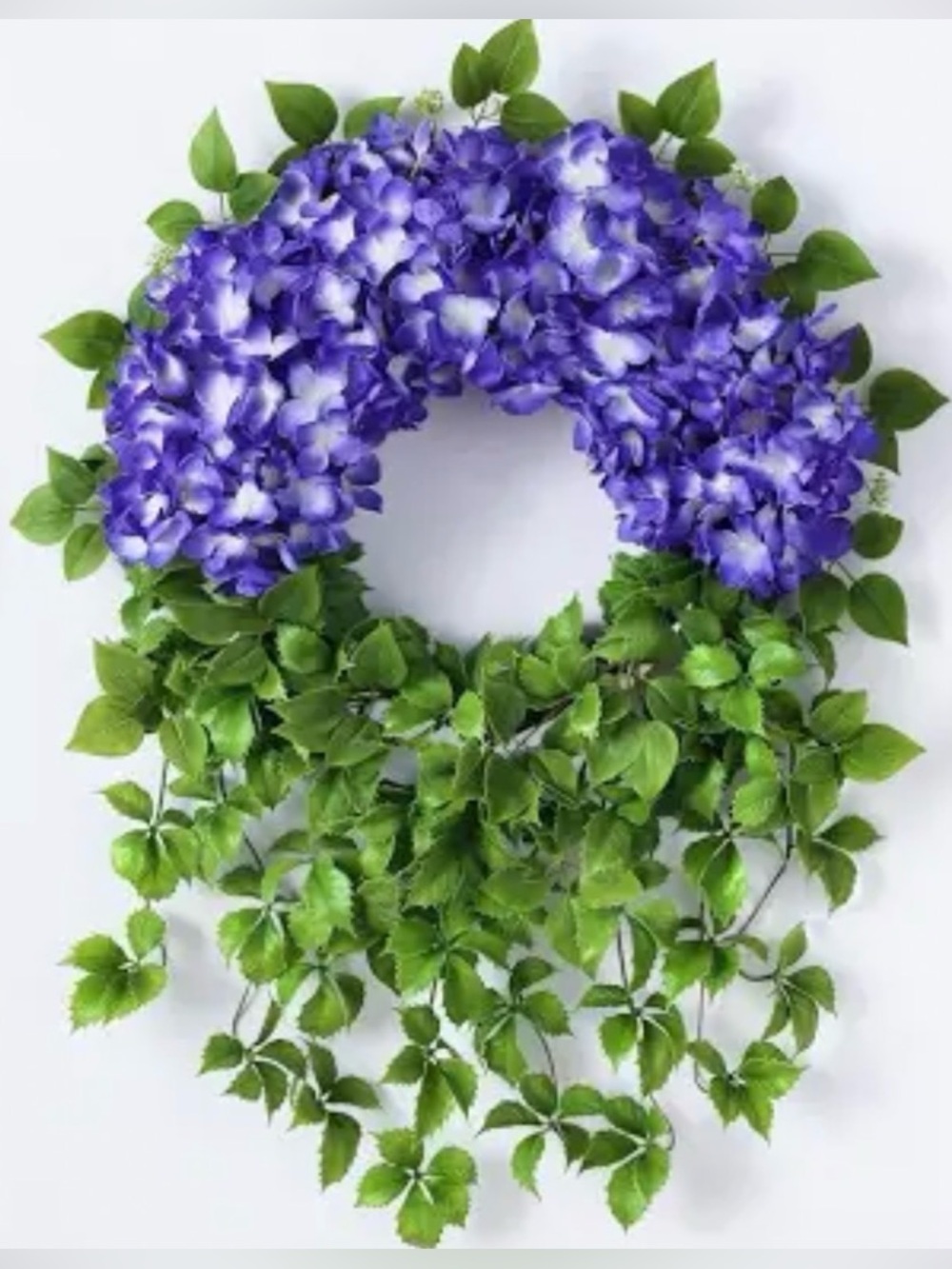Purple Hydrangea and Green cascading Ivy Leaf Hanging Wreath -
